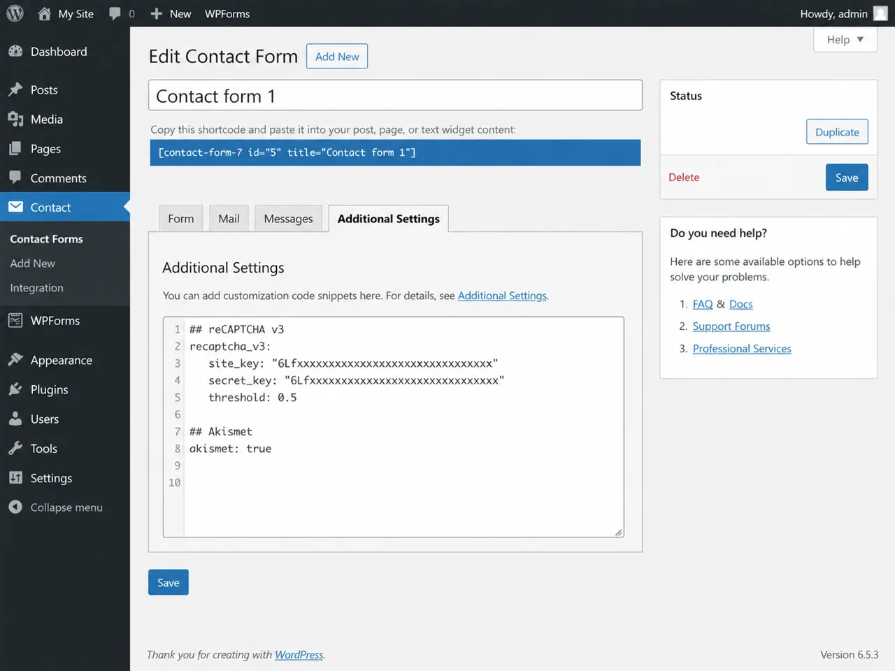 Contact Form 7 Additional Settings tab