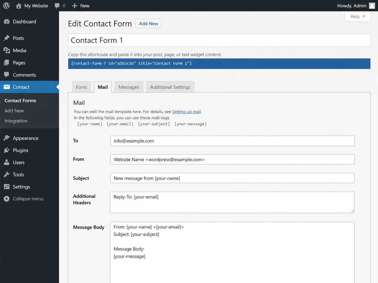 Contact Form 7 Mail tab showing the To and From email fields