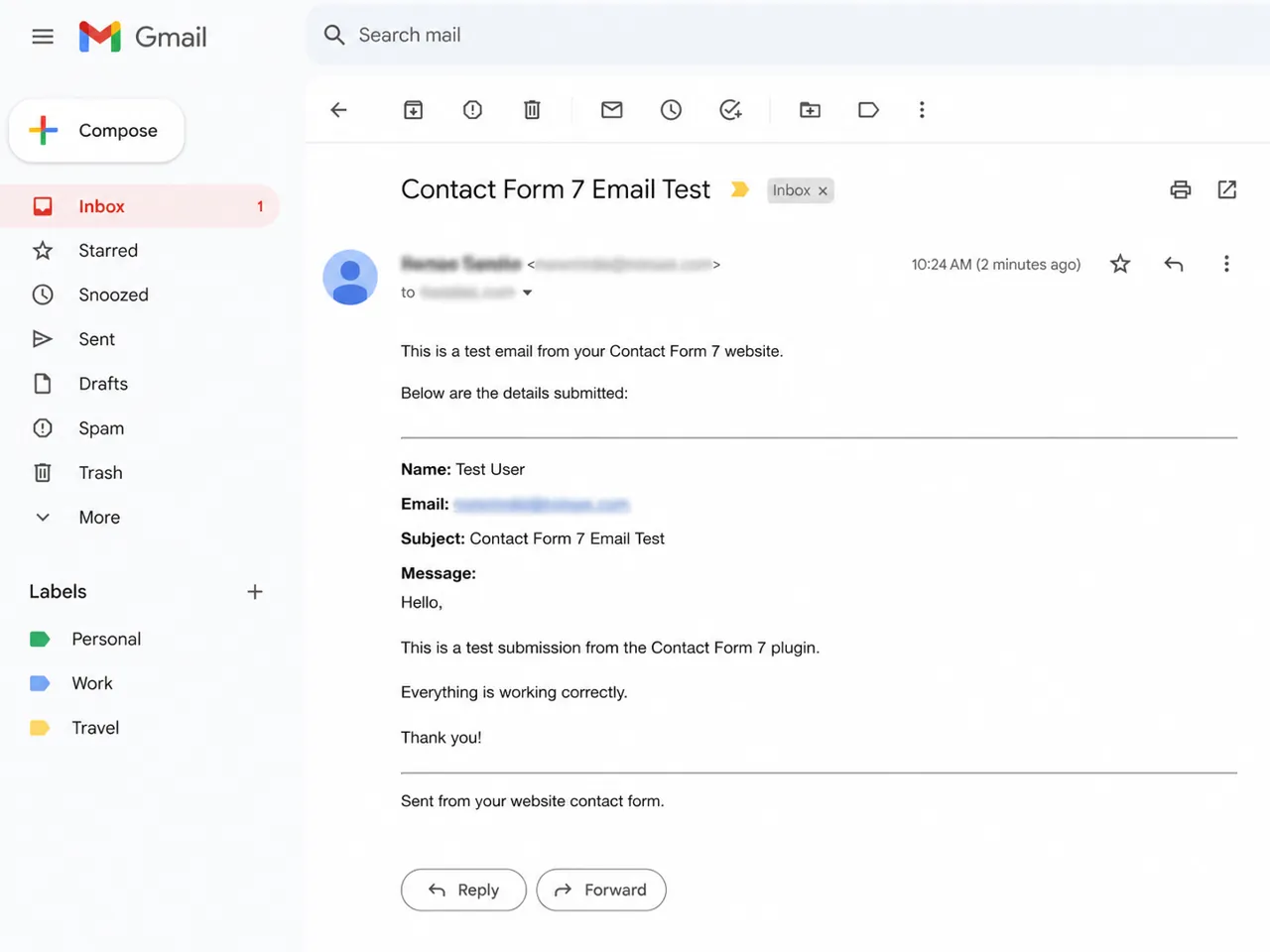 Contact Form 7 test email received in inbox