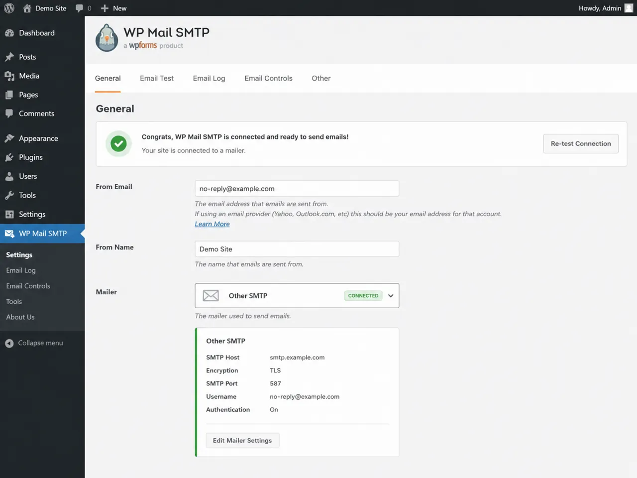 WP Mail SMTP settings for WordPress email delivery
