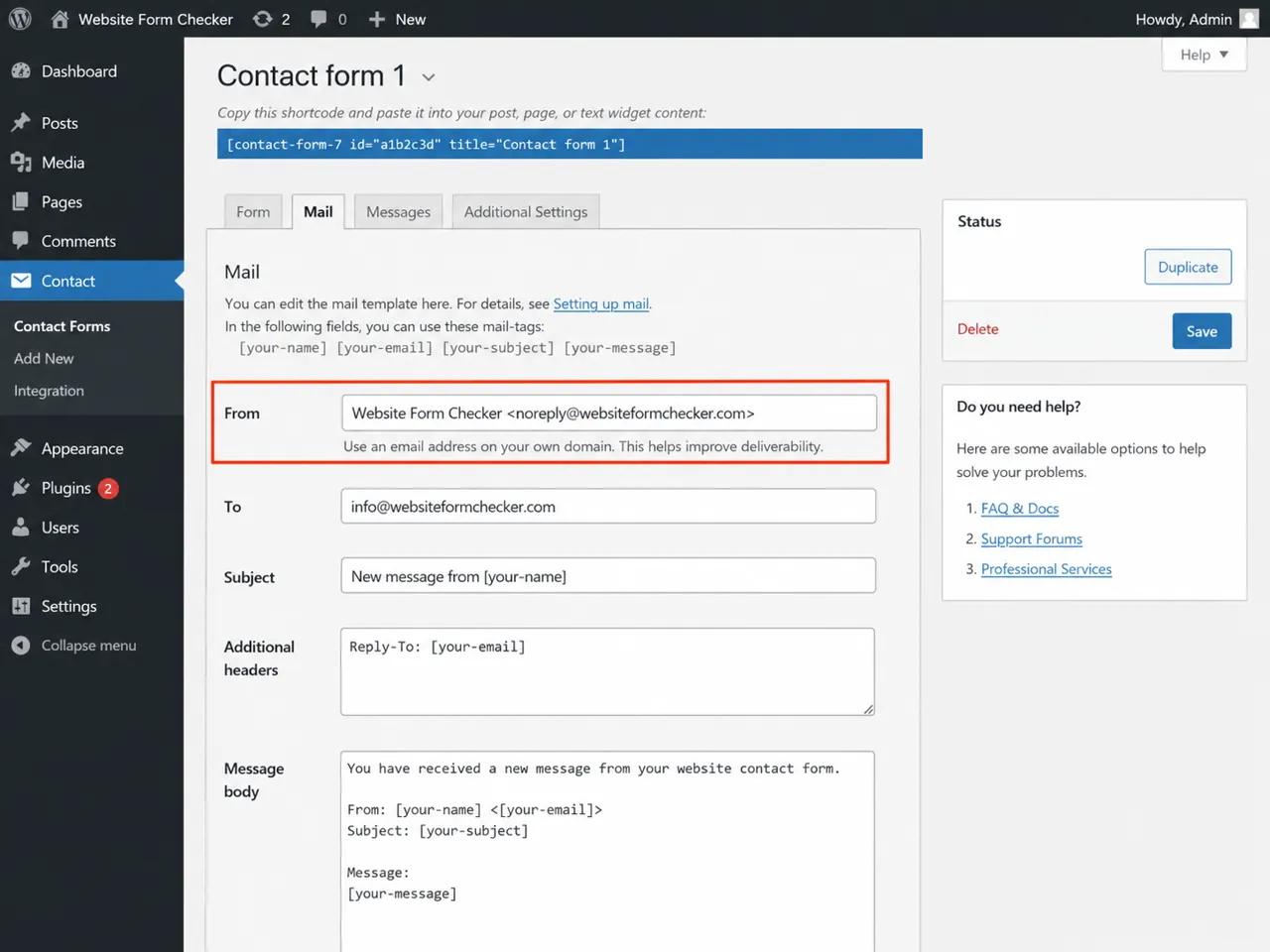 Contact Form 7 Mail settings using a domain-based From address instead of a free email address.