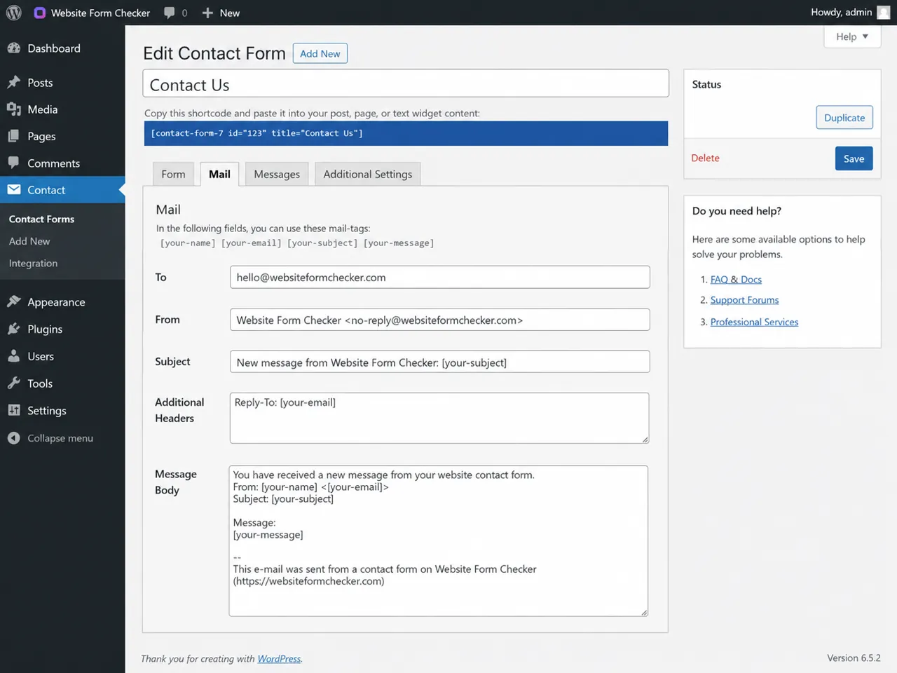Contact Form 7 Mail tab showing the To, From, Subject, and Additional Headers fields.