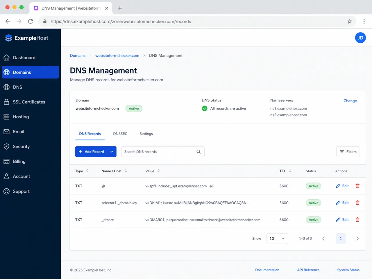 DNS management screen showing SPF, DKIM, and DMARC TXT records for websiteformchecker.com.