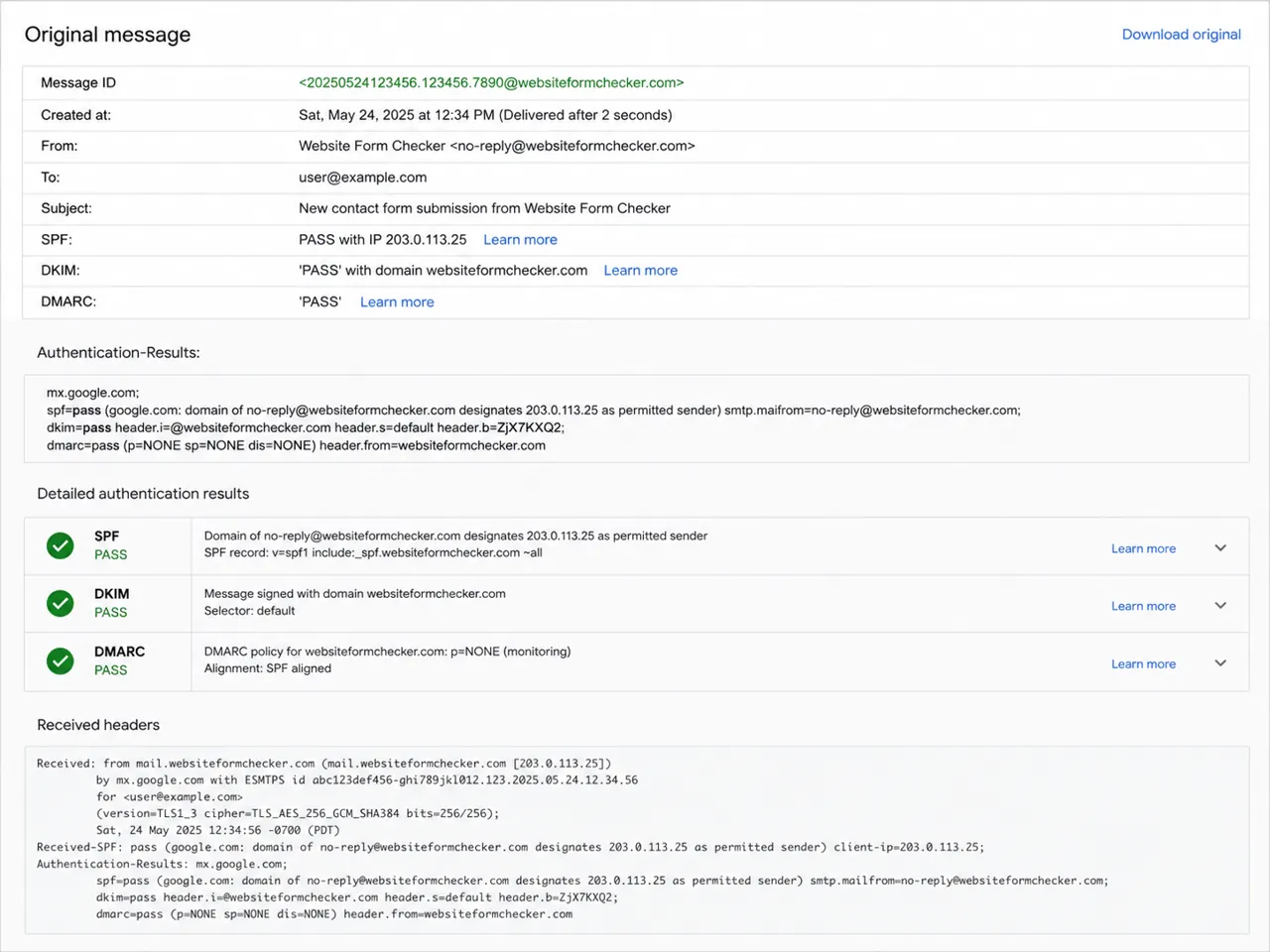 Email header details showing SPF, DKIM, and DMARC authentication results for the contact form email.