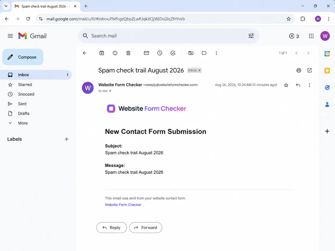 Final inbox verification showing the contact form test email arriving in the main inbox after fixes.