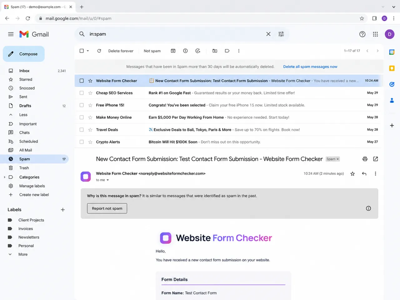 Gmail Spam folder showing a WordPress contact form notification caught by spam filtering.