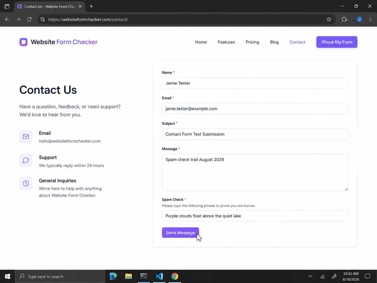 Live WordPress contact form with a unique spam-check phrase entered before submission.