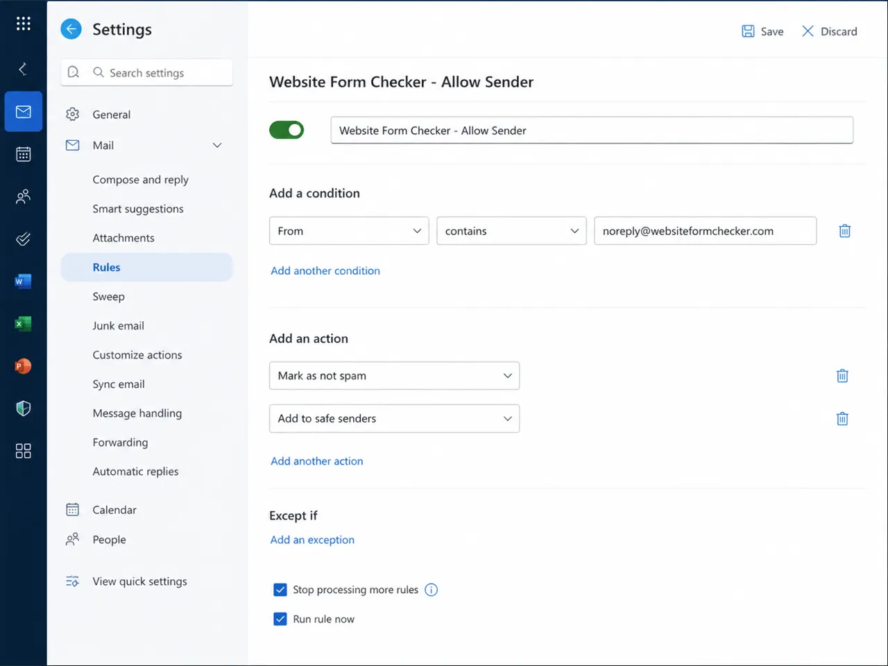 Mailbox rule settings showing the contact form sender being marked as safe or not spam.