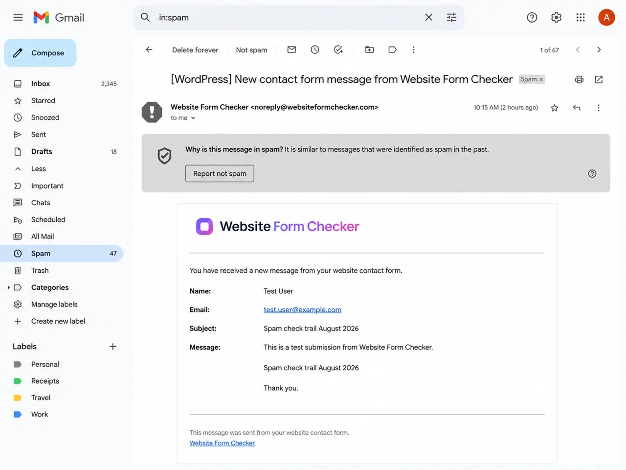 Opened spam email showing a warning banner above the original contact form notification details.