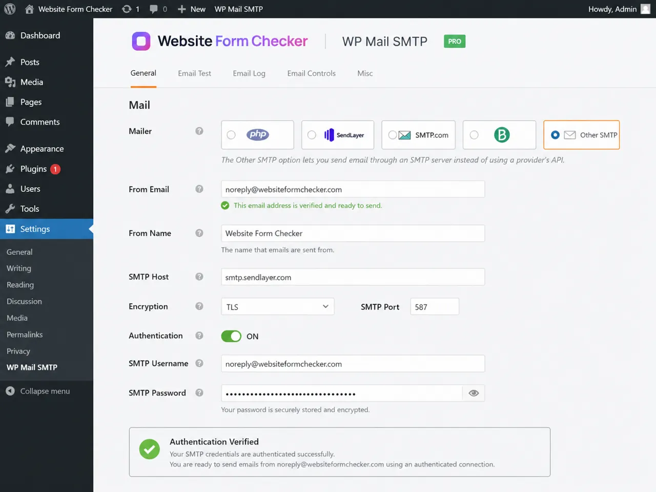 SMTP plugin settings showing authenticated sending through a verified domain email address.