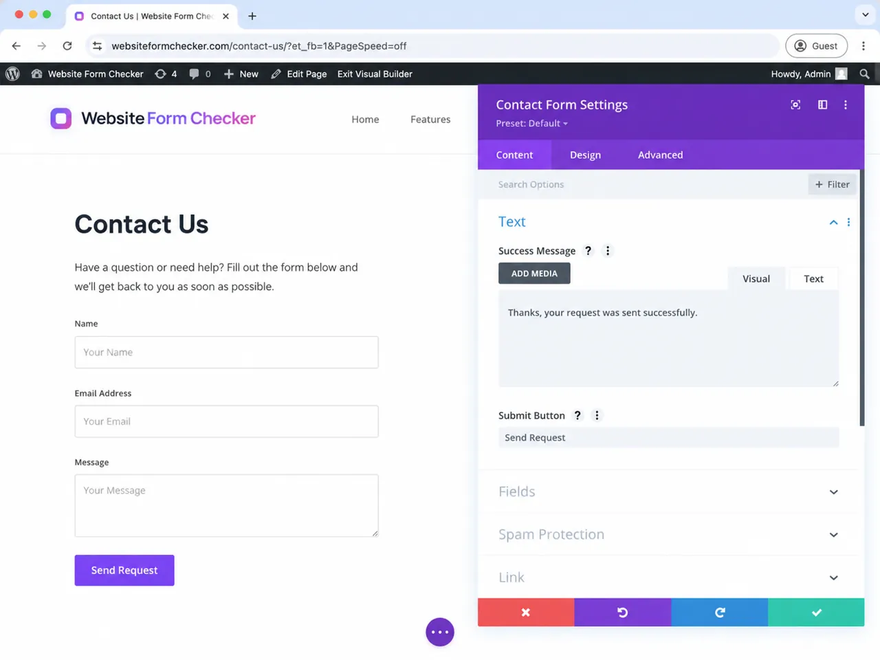 Divi Contact Form Content settings with the success message and submit button text