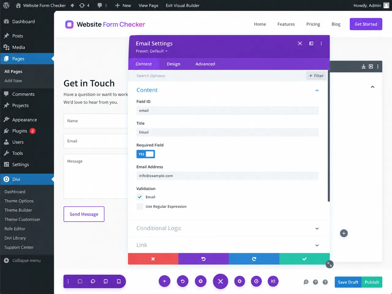 Divi Contact Form email field settings with the field ID and required option visible