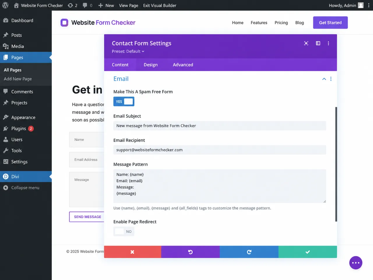 Divi Contact Form email settings with the recipient address and Message Pattern