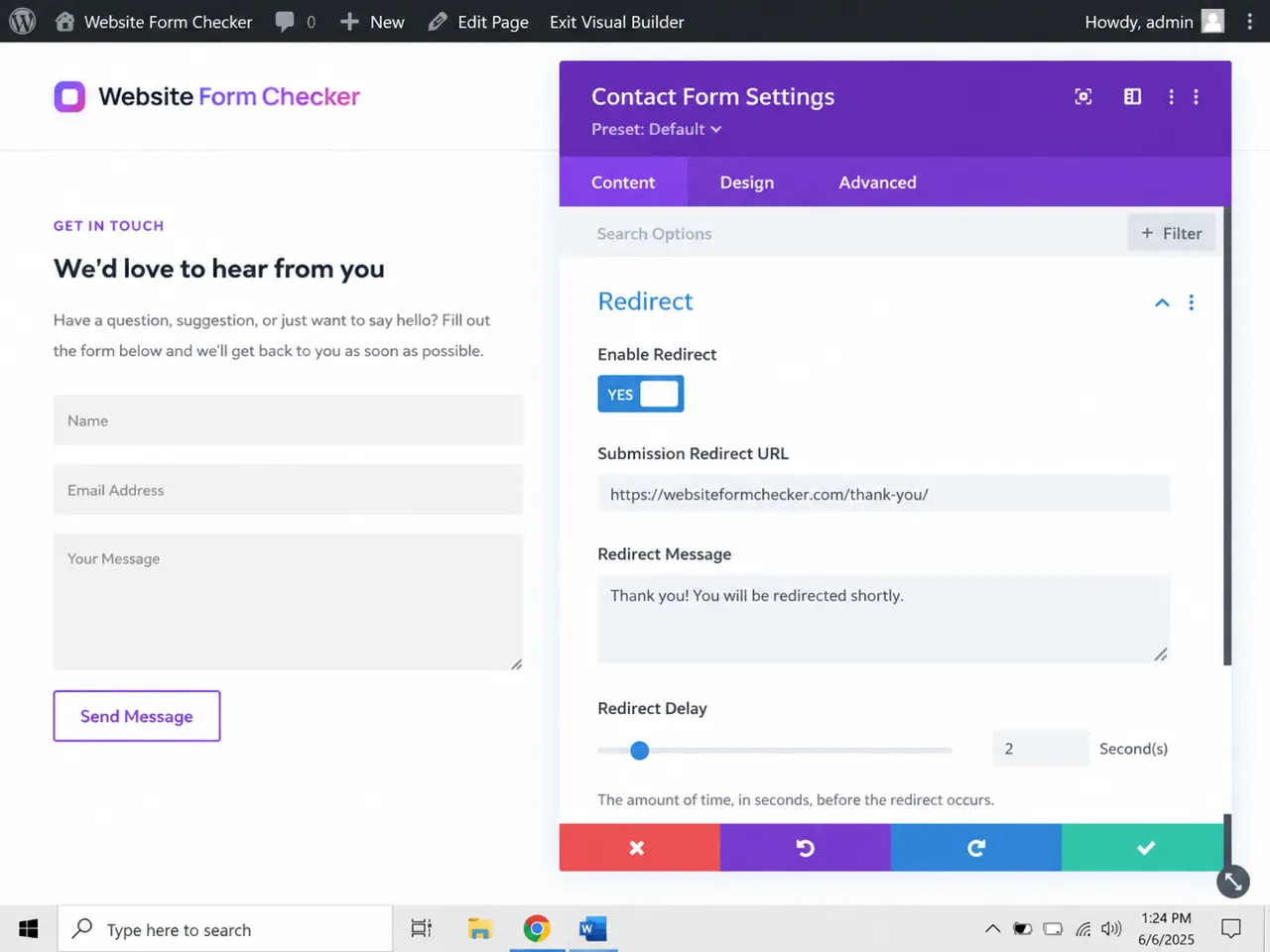 Divi Contact Form redirect settings with the destination URL visible