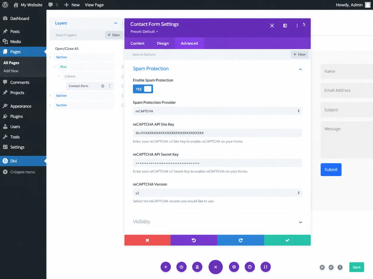 Divi Contact Form spam protection settings with CAPTCHA or reCAPTCHA configured