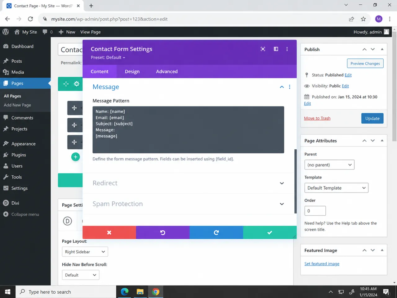 Divi Message Pattern containing field IDs for name, email, subject, and message