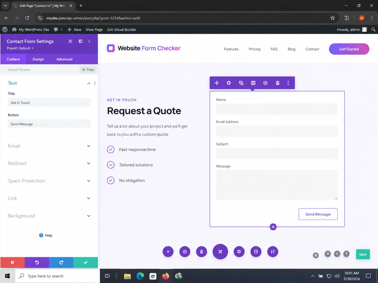 Divi Visual Builder with the live Contact Form module selected
