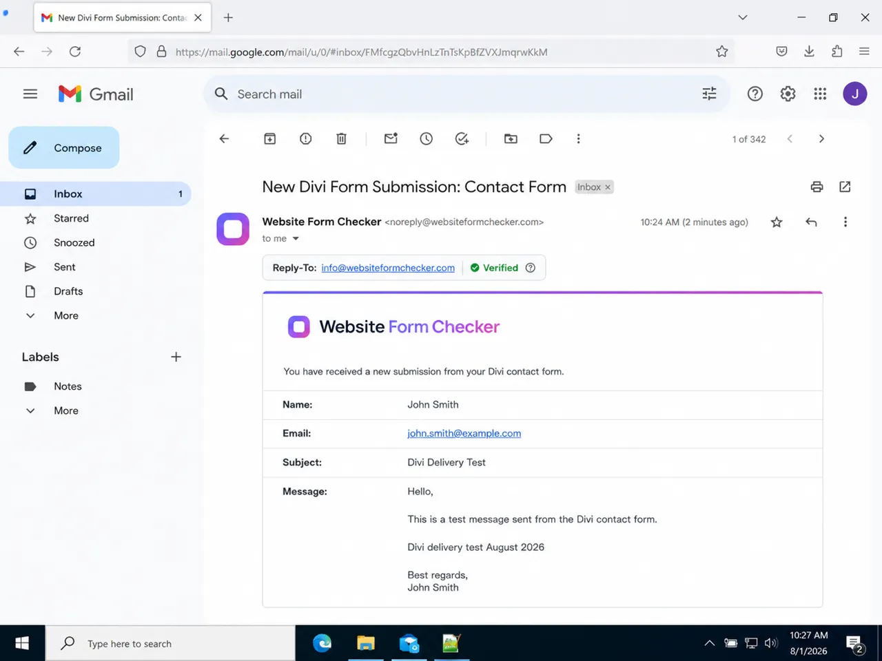 Opened Divi form notification showing submitted fields and a verified Reply-To address
