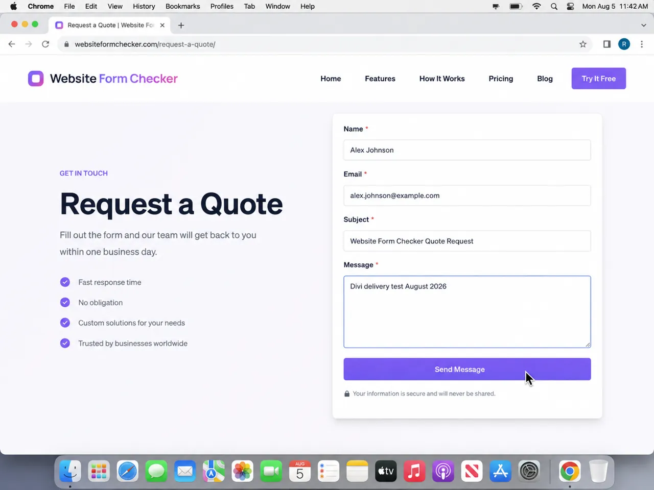 Published Divi quote request form filled with a unique email delivery test phrase
