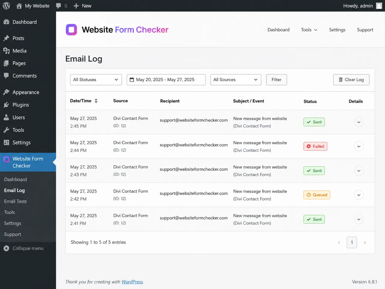 WordPress email log with a Divi Contact Form notification recipient and delivery status