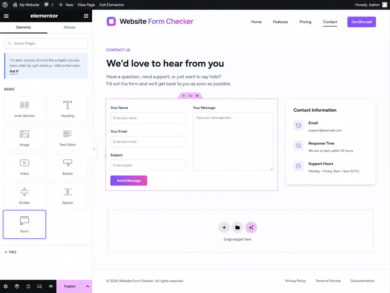 Elementor editor with the Contact Form widget selected on the page canvas.