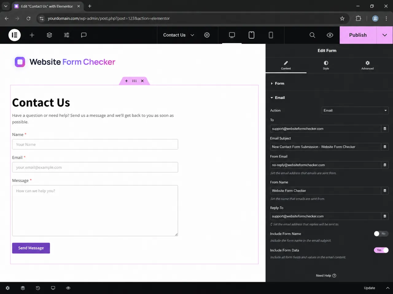 Elementor Email action settings showing recipient, sender, subject, and reply-to fields.