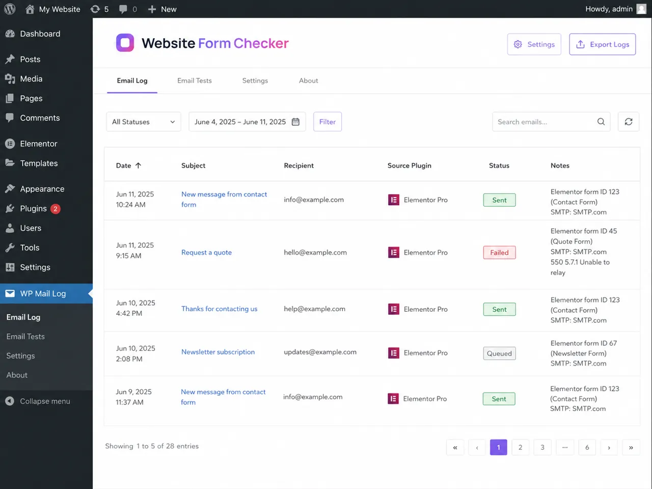 WordPress mail log showing Elementor Pro form notification events and delivery status.