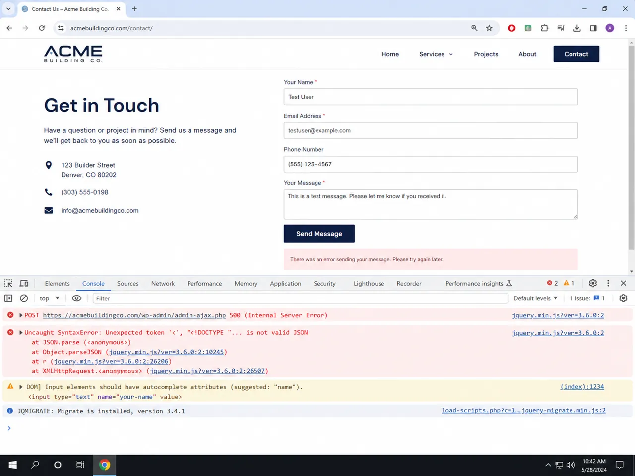 Browser developer console showing an AJAX error after a form submission attempt