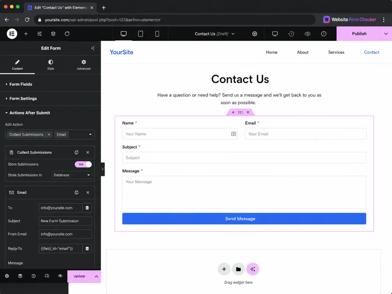 Elementor Actions After Submit panel with Collect Submissions and Email active