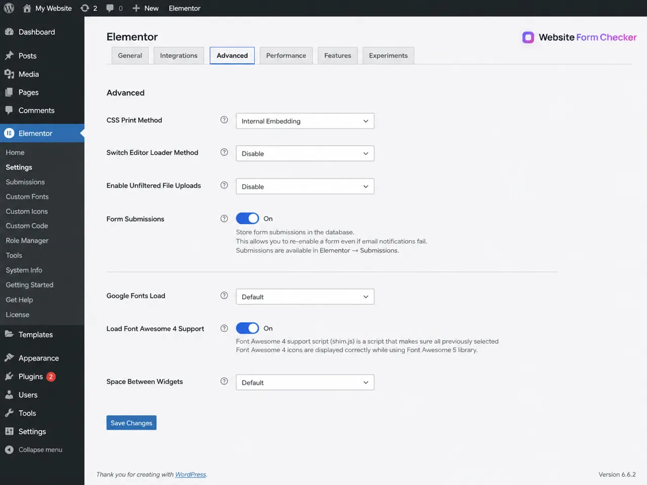 Elementor Advanced settings page with Form Submissions enabled