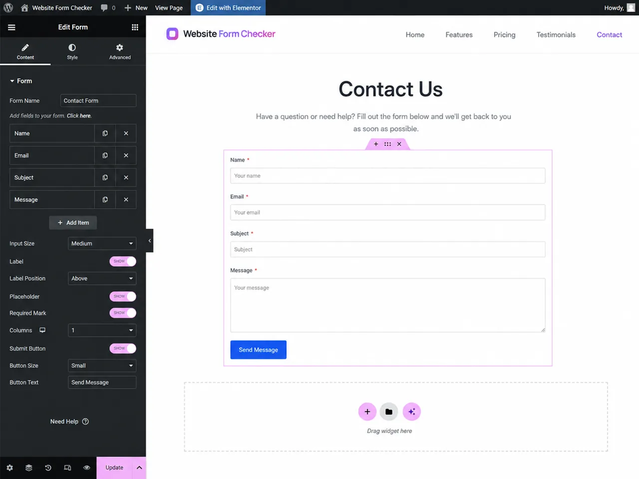 Elementor editor showing the form widget name field for identifying the correct form