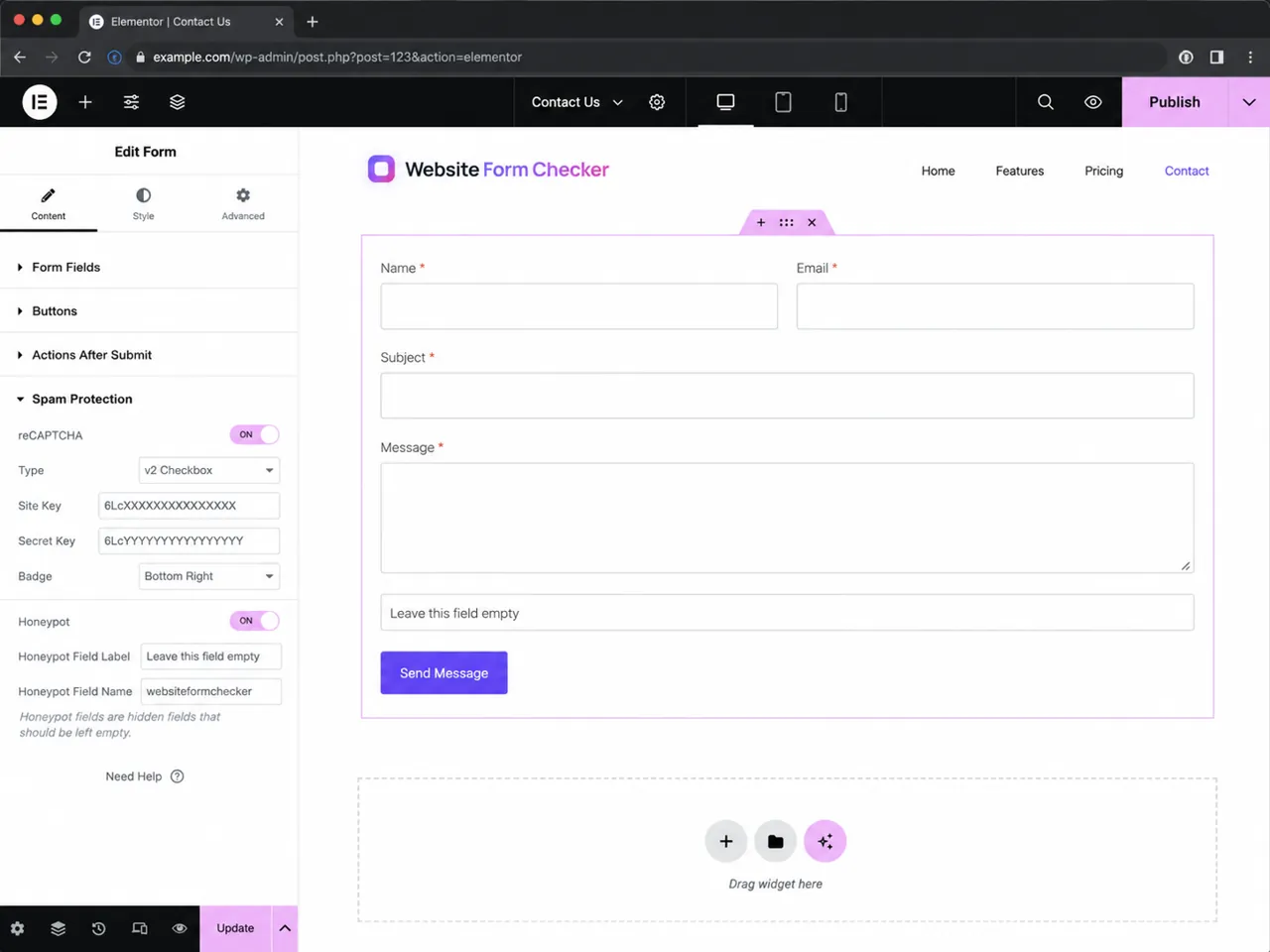 Elementor Form widget spam protection settings with reCAPTCHA and honeypot enabled