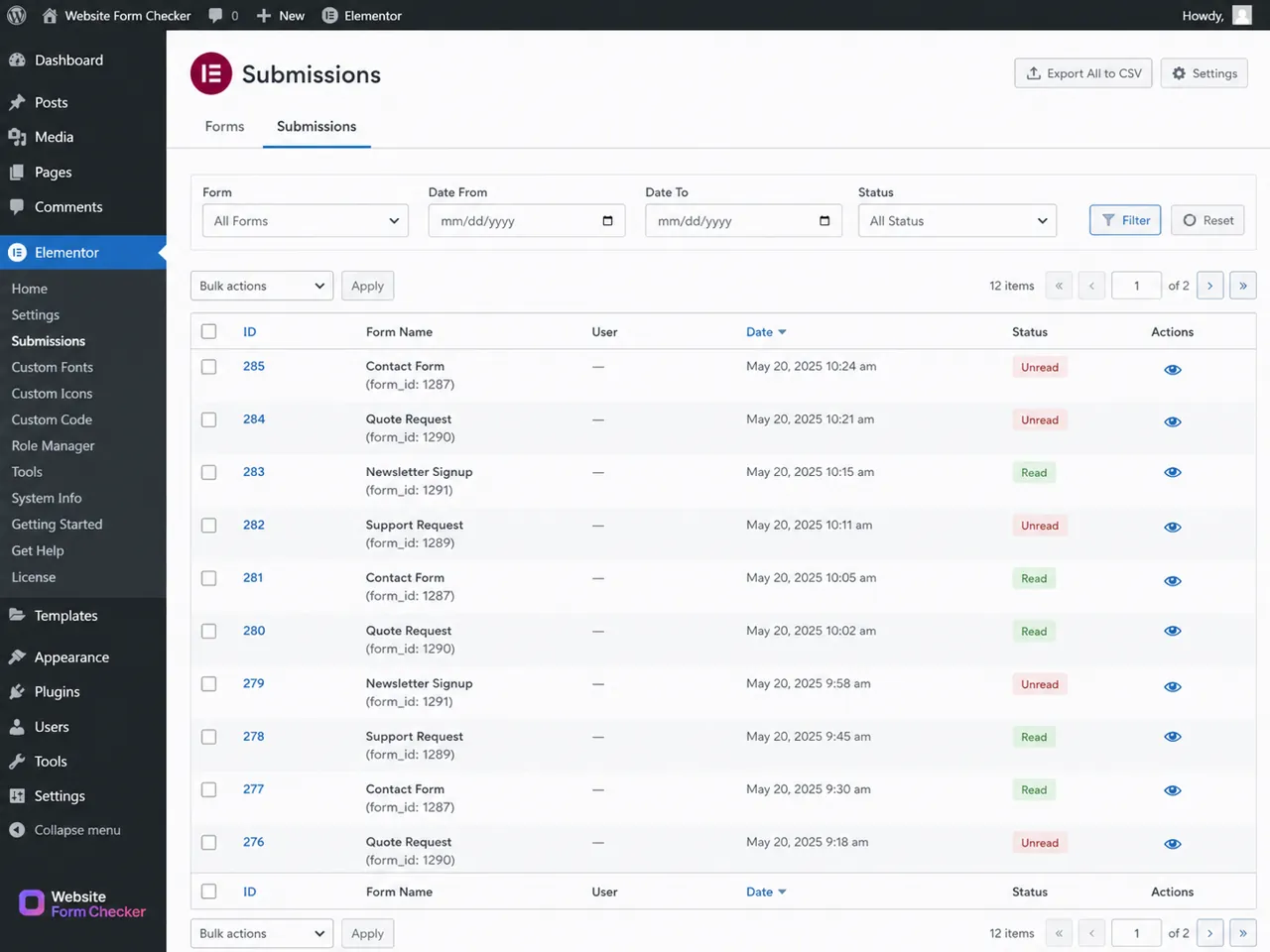 Elementor Submissions dashboard with form, date, and status filters visible