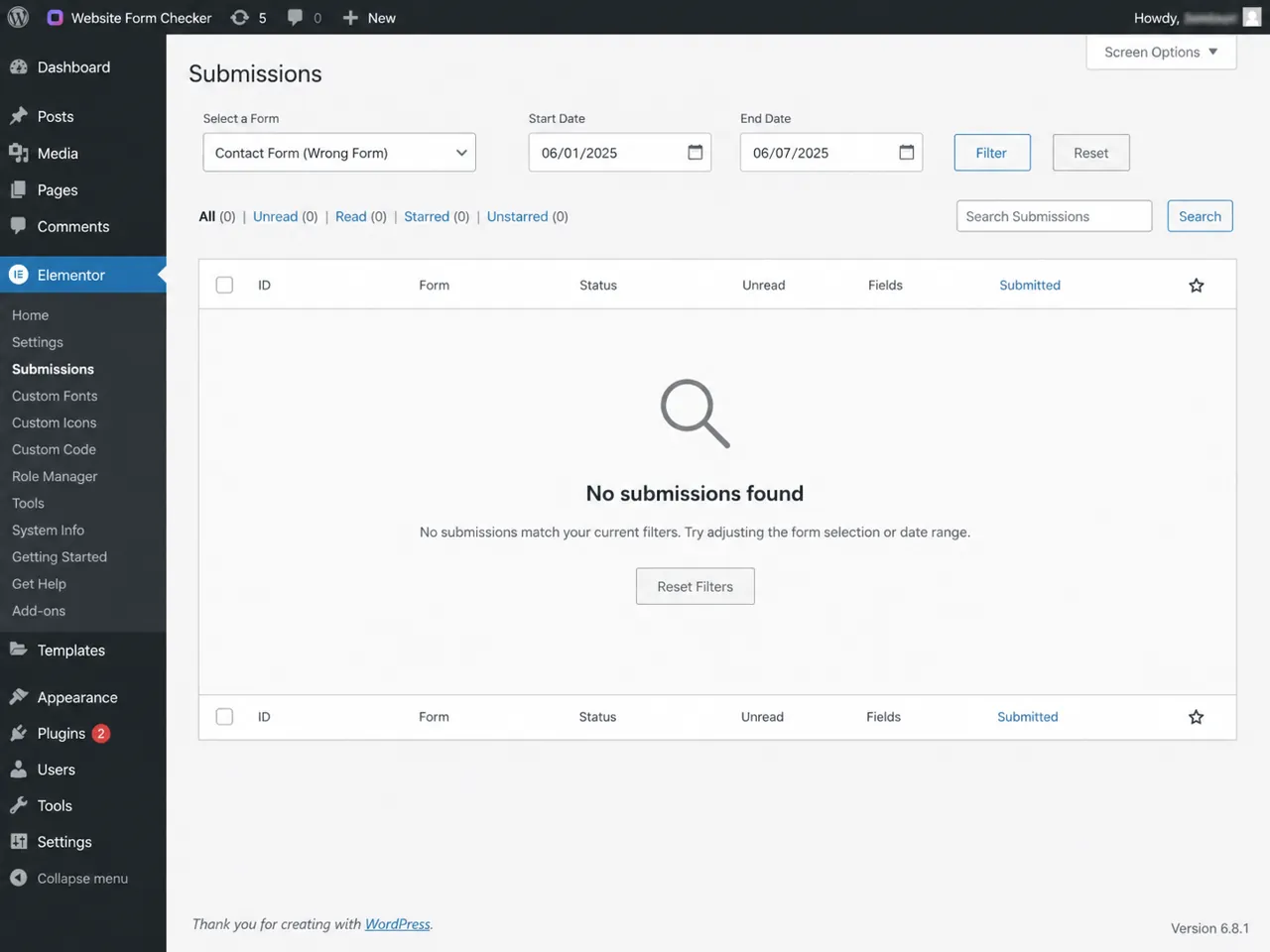 Elementor Submissions screen showing no results after the wrong form or date range is selected