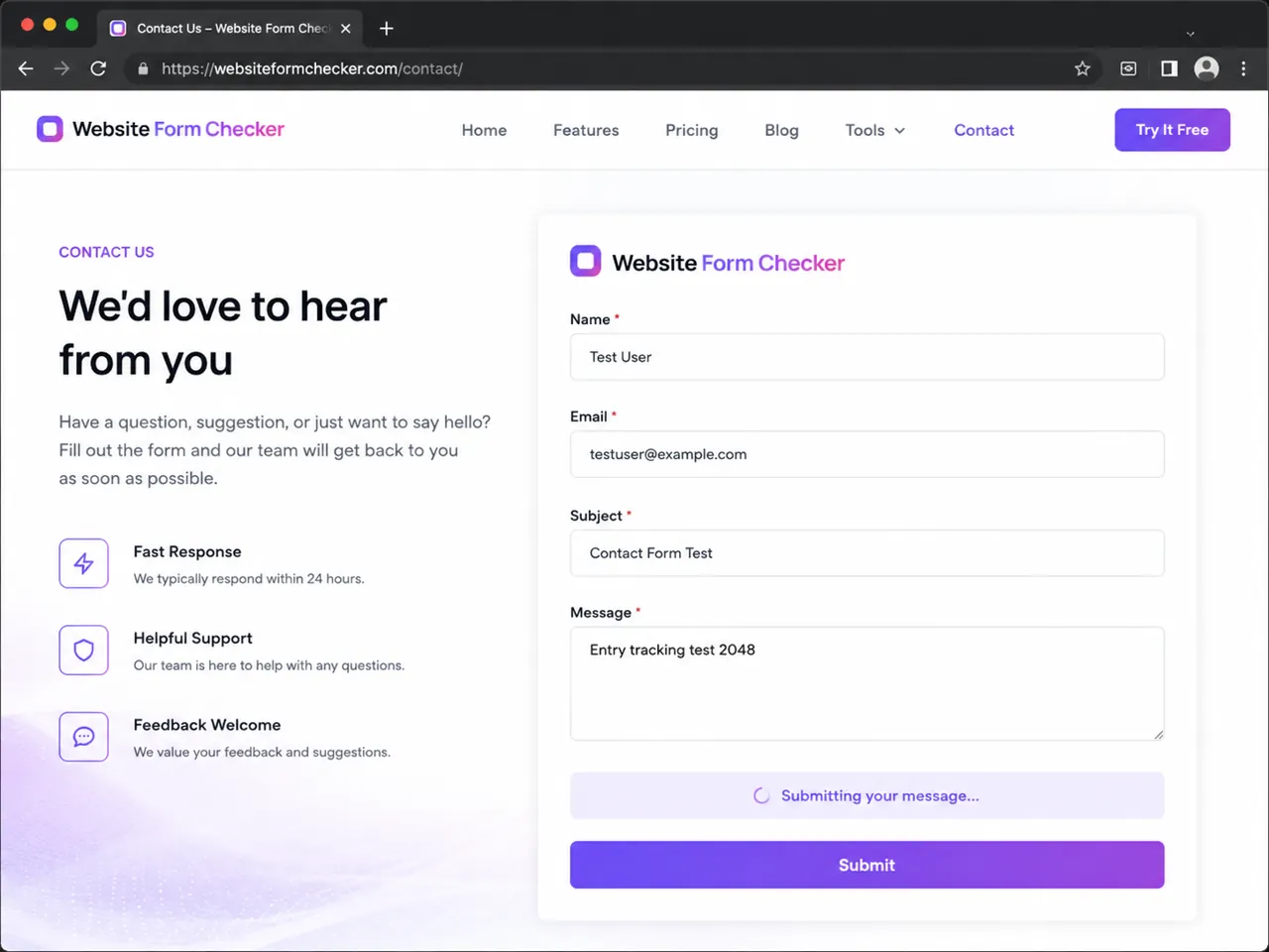 Live Elementor contact form with a unique entry tracking phrase during submission