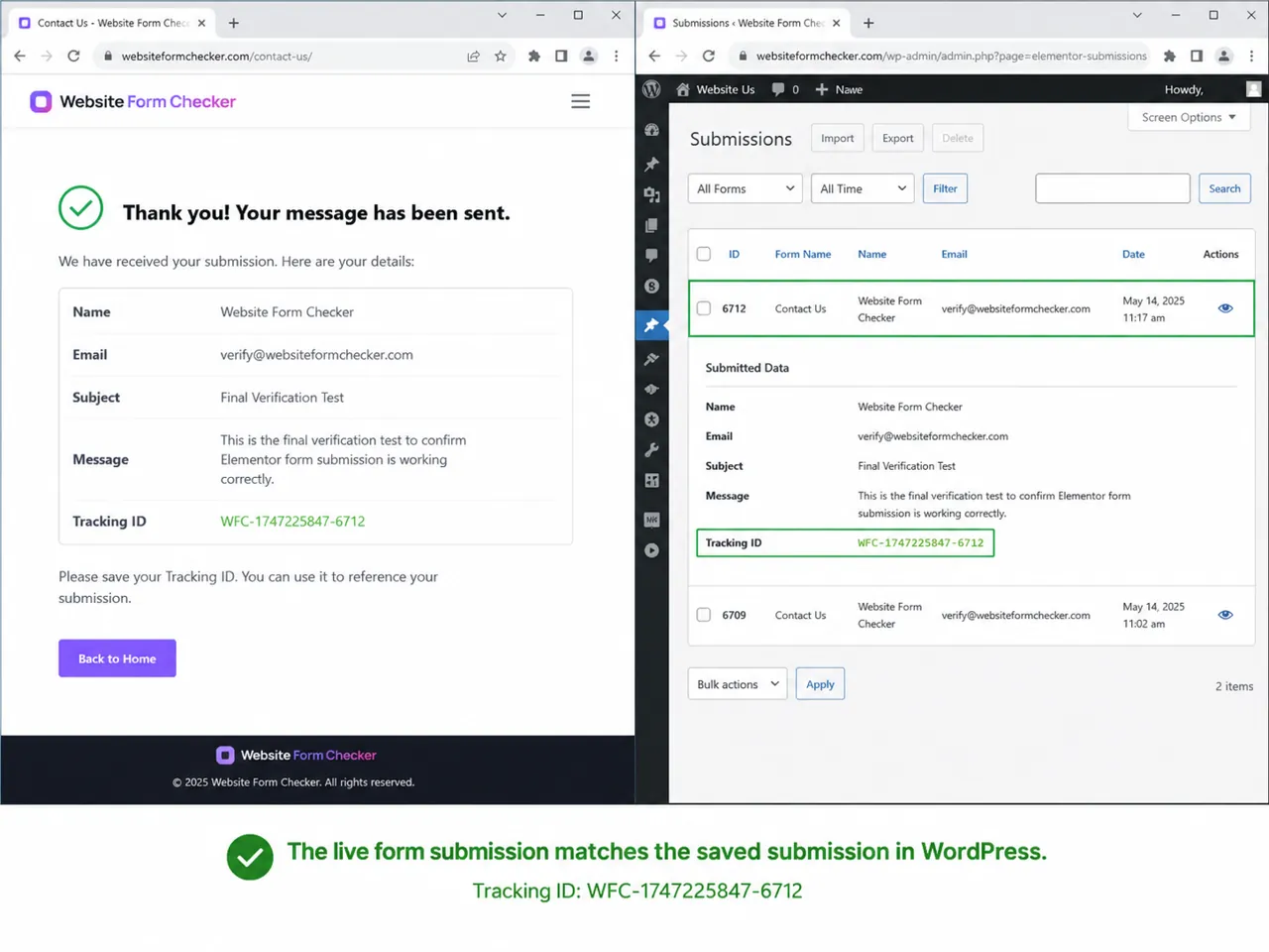 Live form confirmation matched with a saved Elementor submission in WordPress