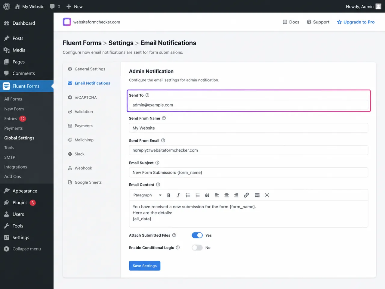 Fluent Forms admin notification settings with the Send To field highlighted.