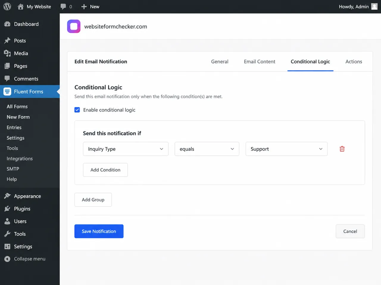 Fluent Forms conditional logic rule for an email notification.
