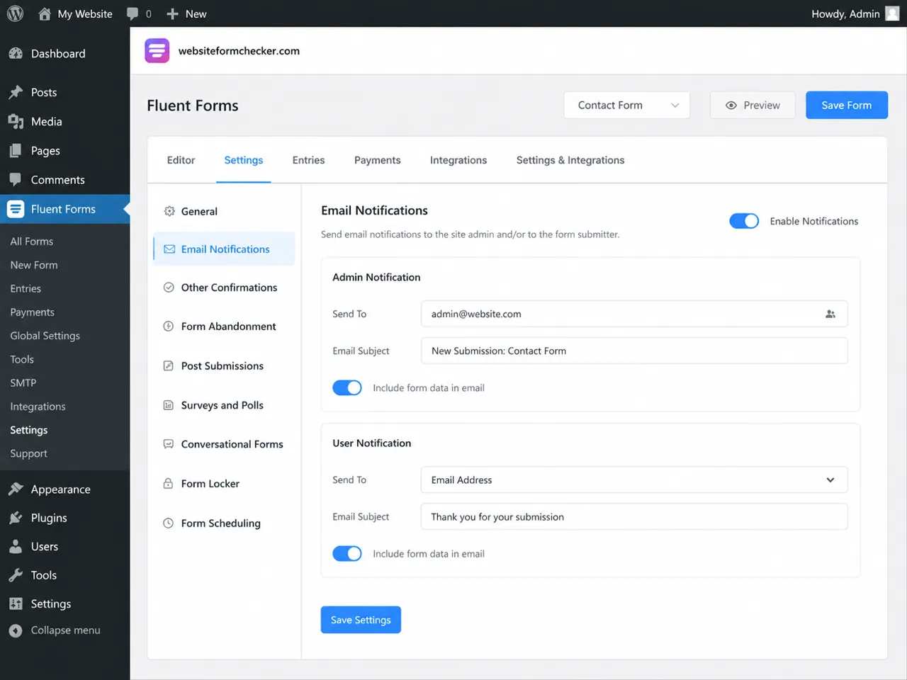 Fluent Forms Email Notifications screen with notifications enabled.