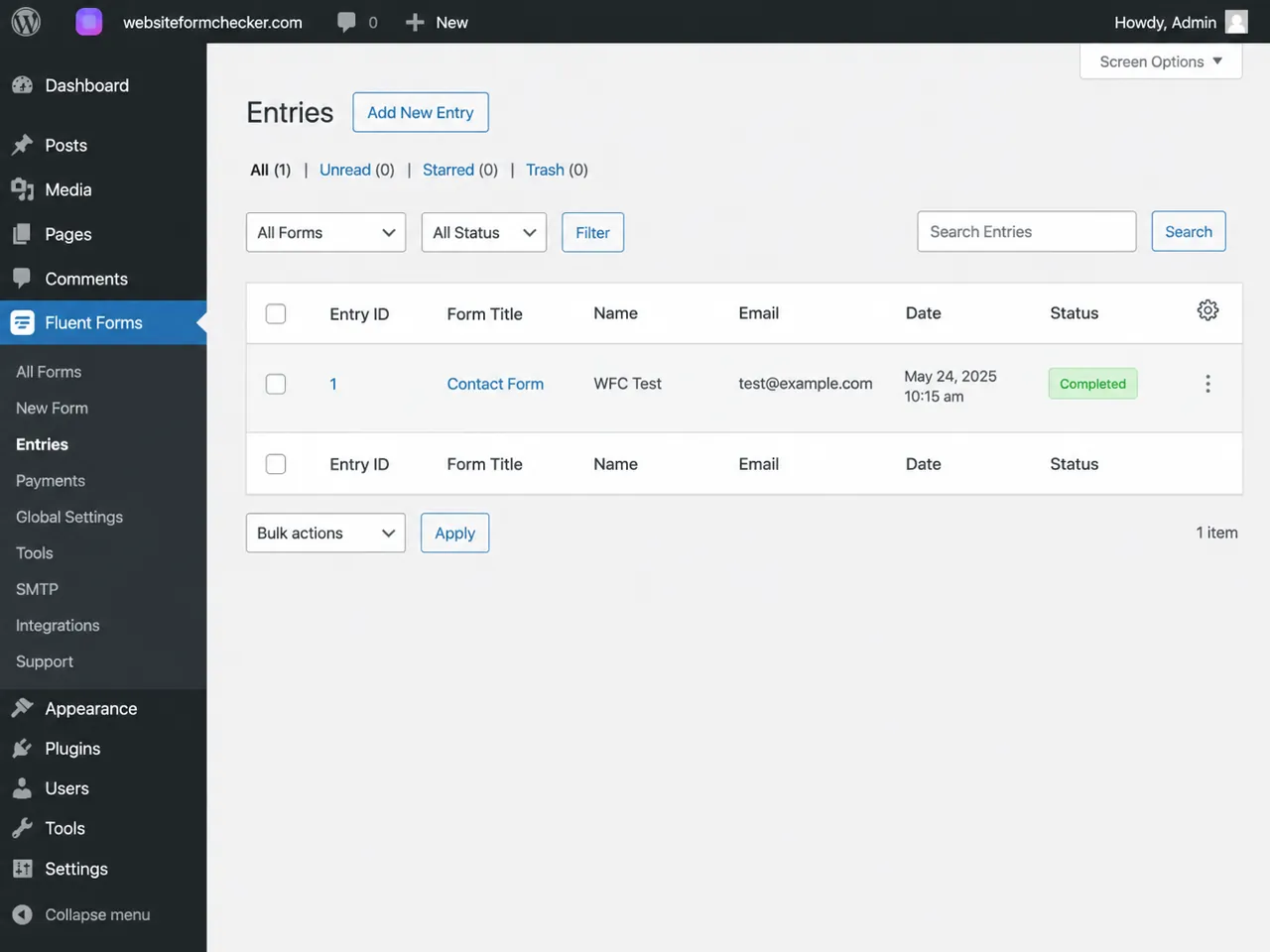 Fluent Forms Entries screen showing a saved test submission.
