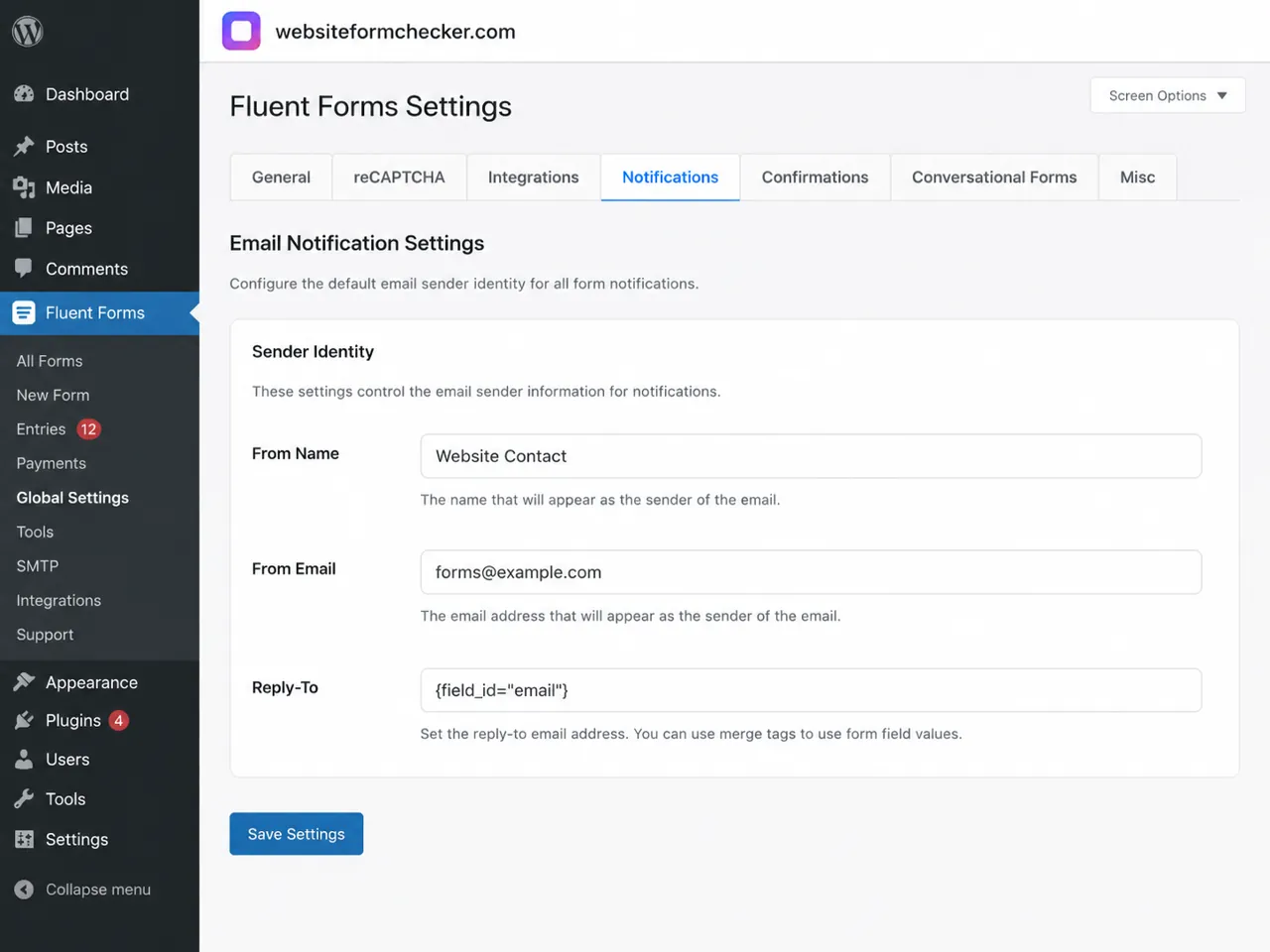 Fluent Forms notification sender fields showing From Name, From Email, and Reply-To.