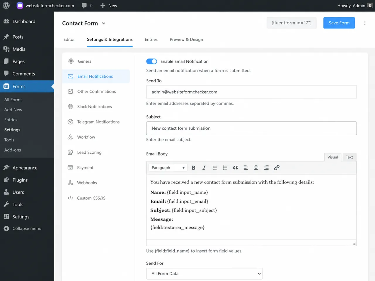 Fluent Forms notification subject and email body using form field shortcodes.
