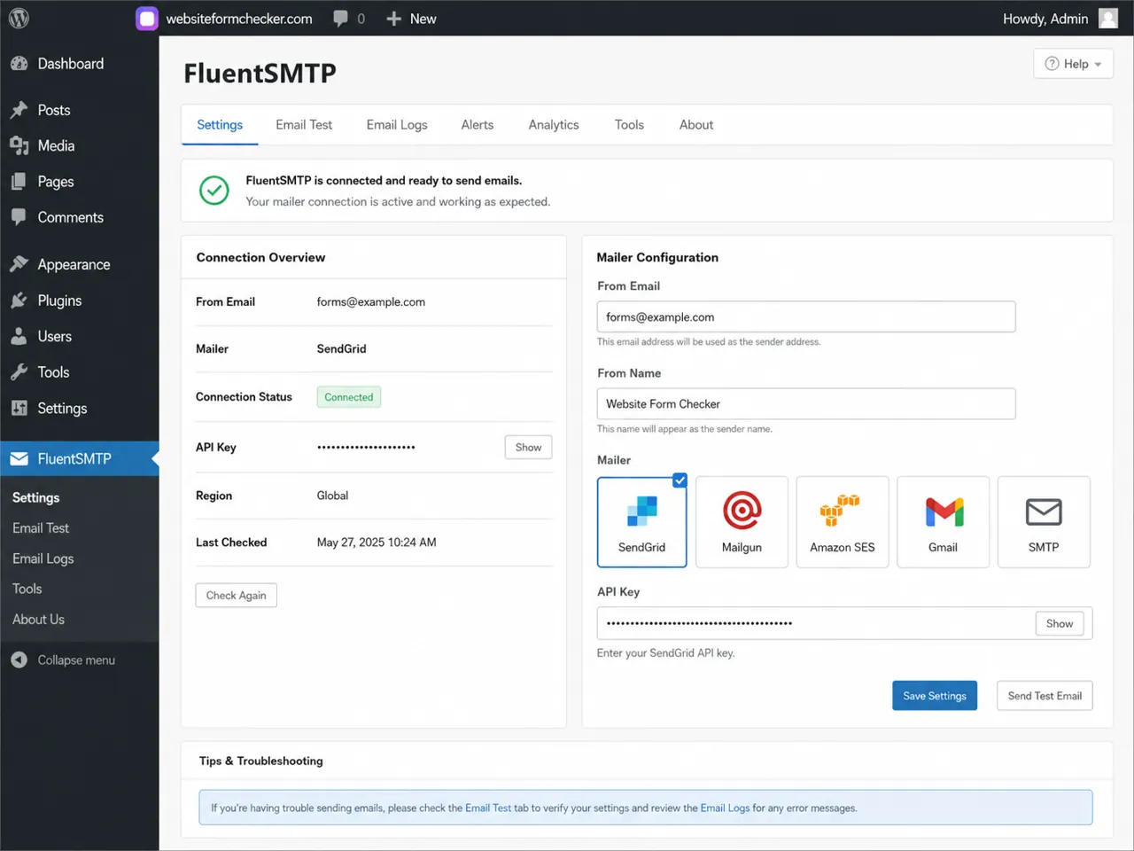 FluentSMTP connection settings showing the sender email and delivery provider.