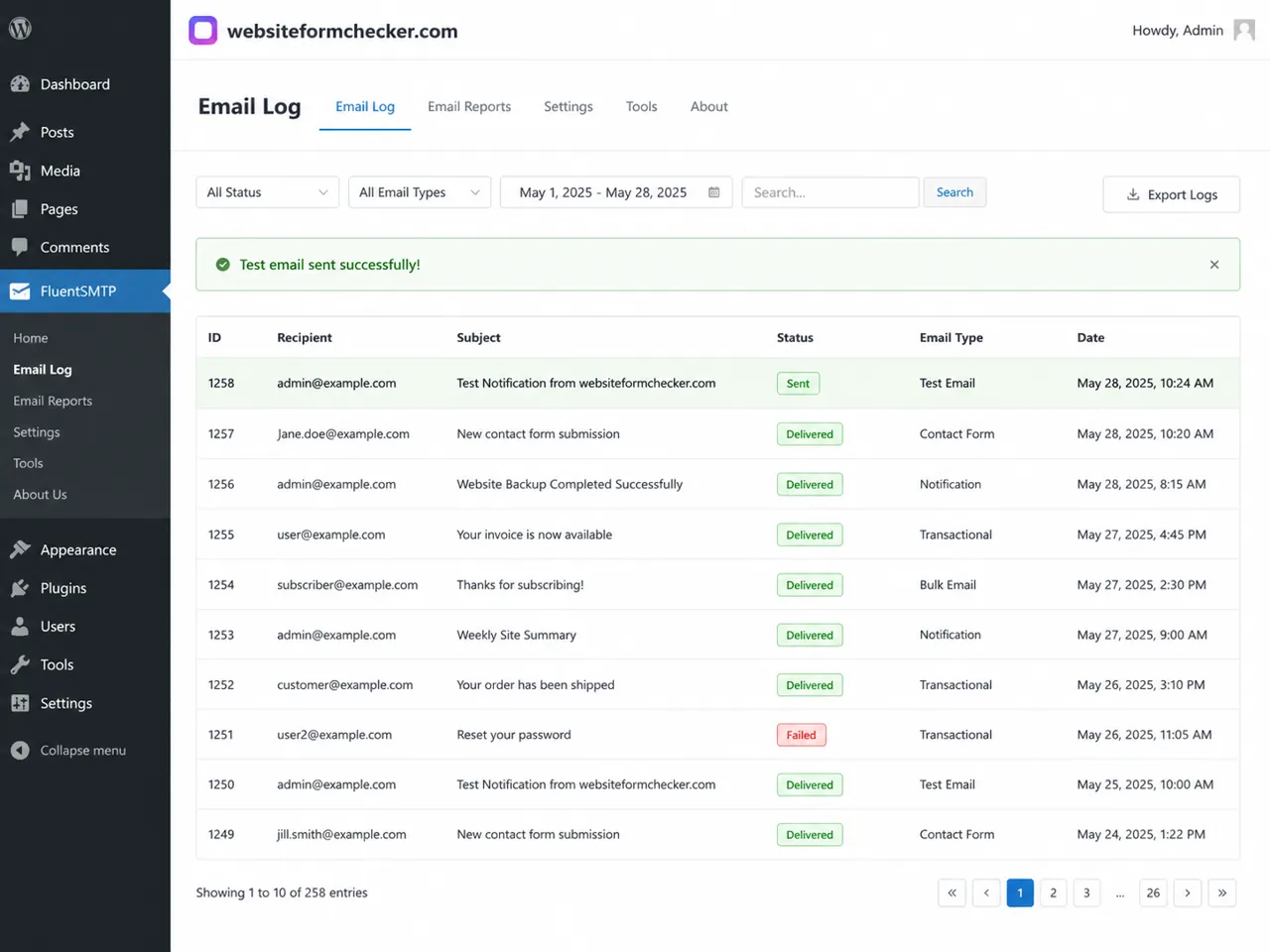 FluentSMTP email log showing a successful test notification.