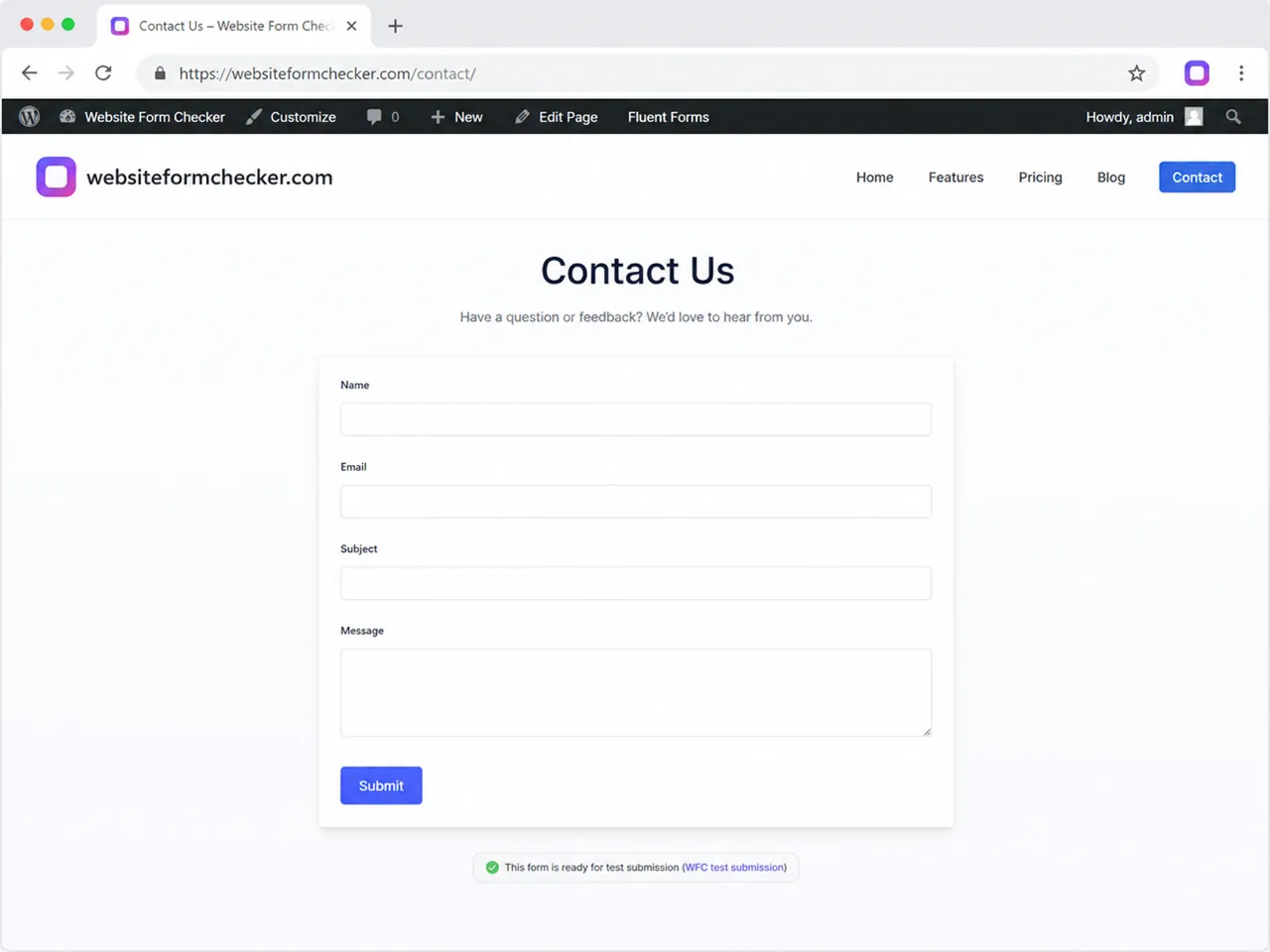 Live Fluent Forms contact form ready for a traceable test submission.
