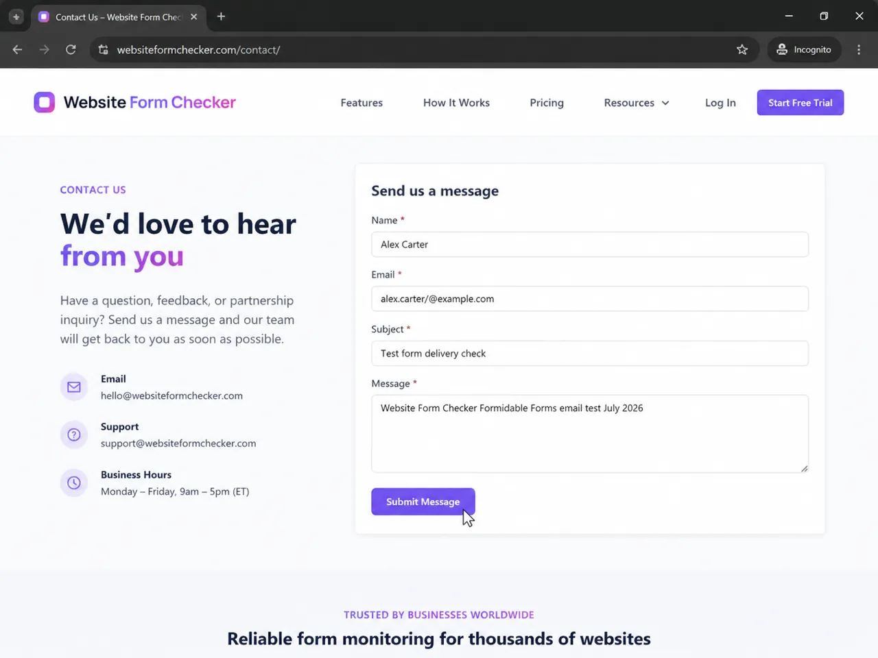 A published Formidable Forms contact page with a unique test phrase before submission.