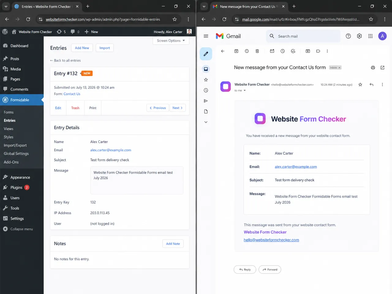 Final verification compares the saved entry with the received notification email.