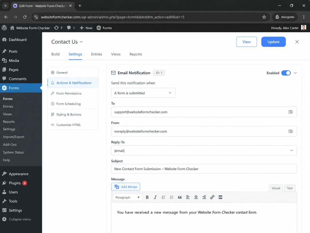 Notification settings show where the email is sent from, who receives it, and which reply address is used.