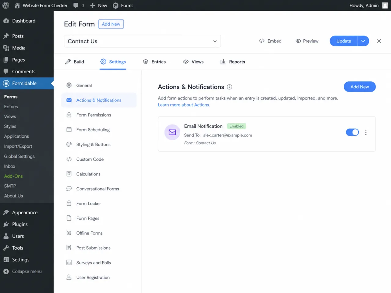 The Email Notification action is enabled under Actions & Notifications.