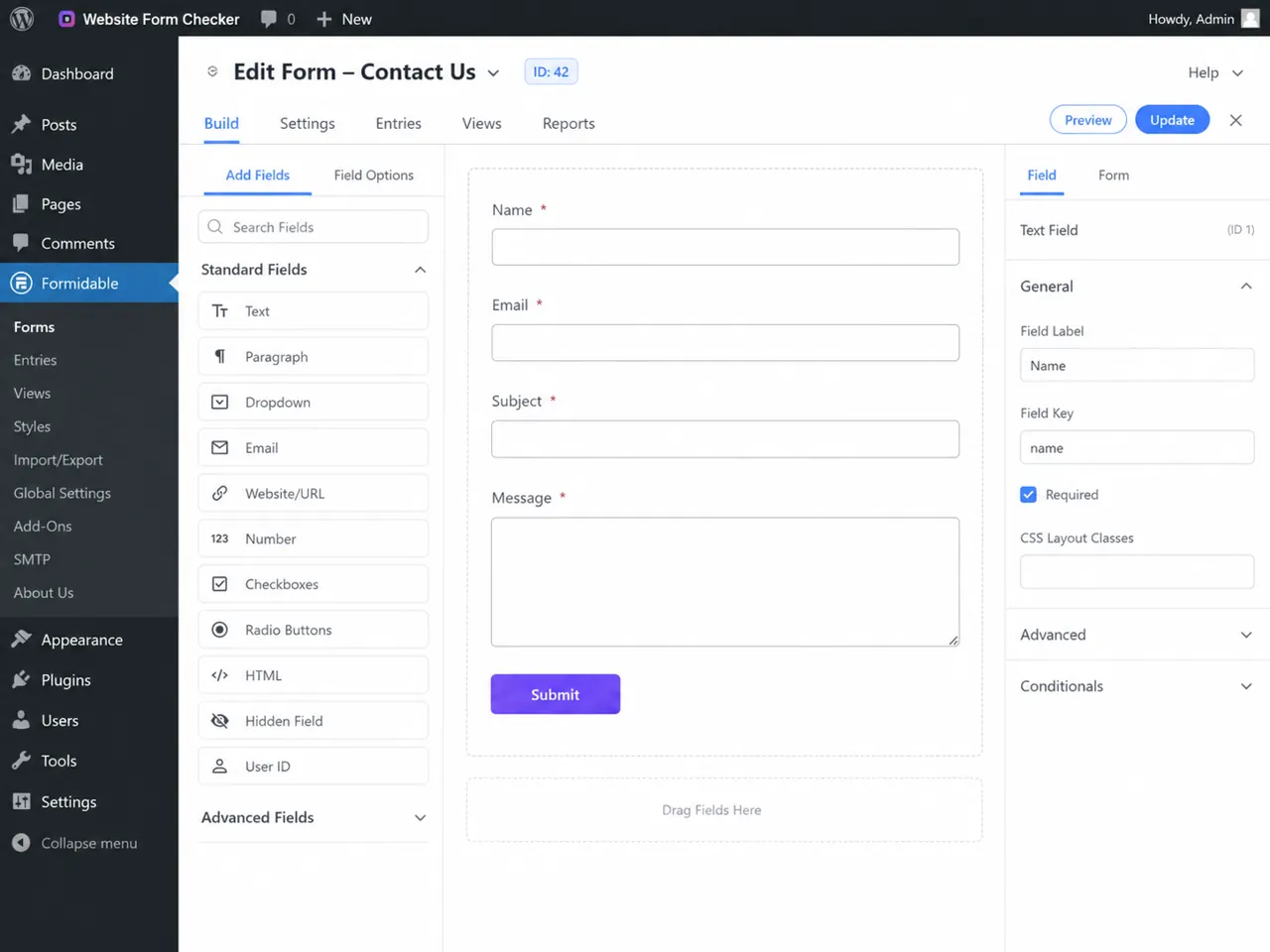 The Formidable Forms builder confirms the form has the expected contact fields.